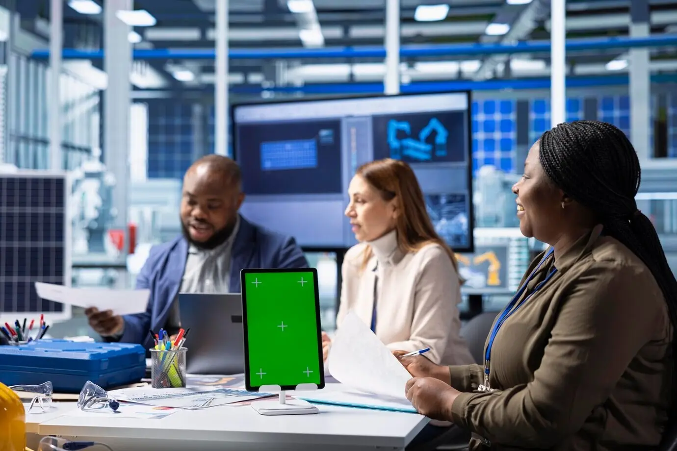 Техники фотовольтаического завода, использующие планшет с изолированным экраном для проведения исследований.