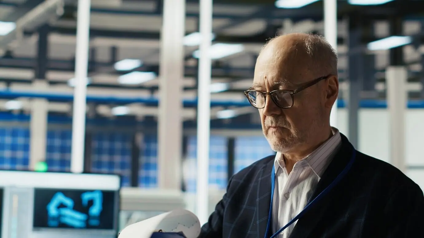 Портрет улыбающегося акционера промышленного предприятия, занимающегося исследованиями.