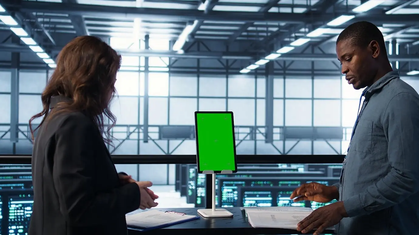 Инспектор в серверном хабе проверяет документы и использует планшет с зелёным экраном.